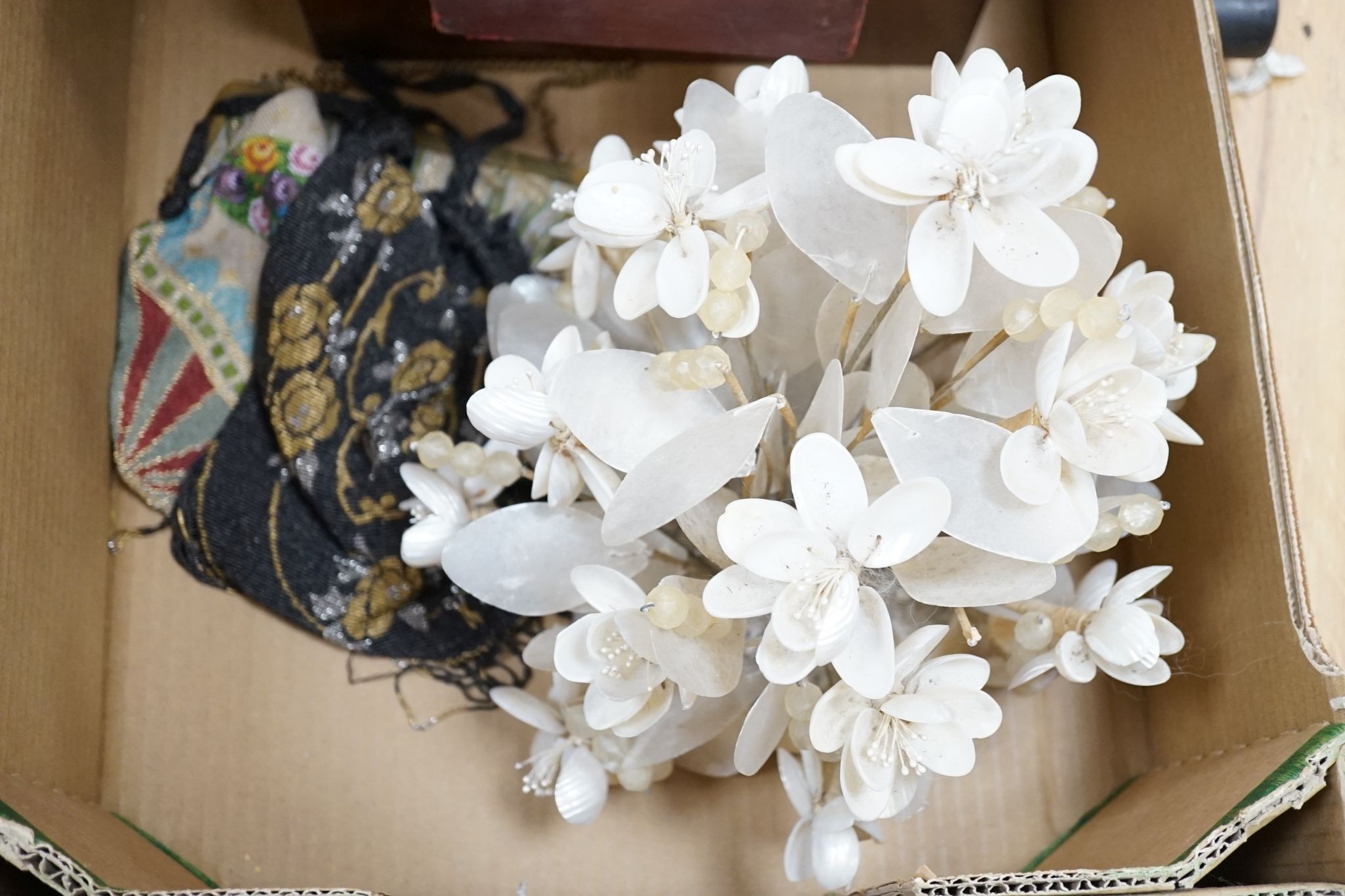 Two Victorian coloured beadwork evening purses, pearl shell flower ornament, 23cm high, set of eight Shakespeare volumes and a Victorian rosewood work box